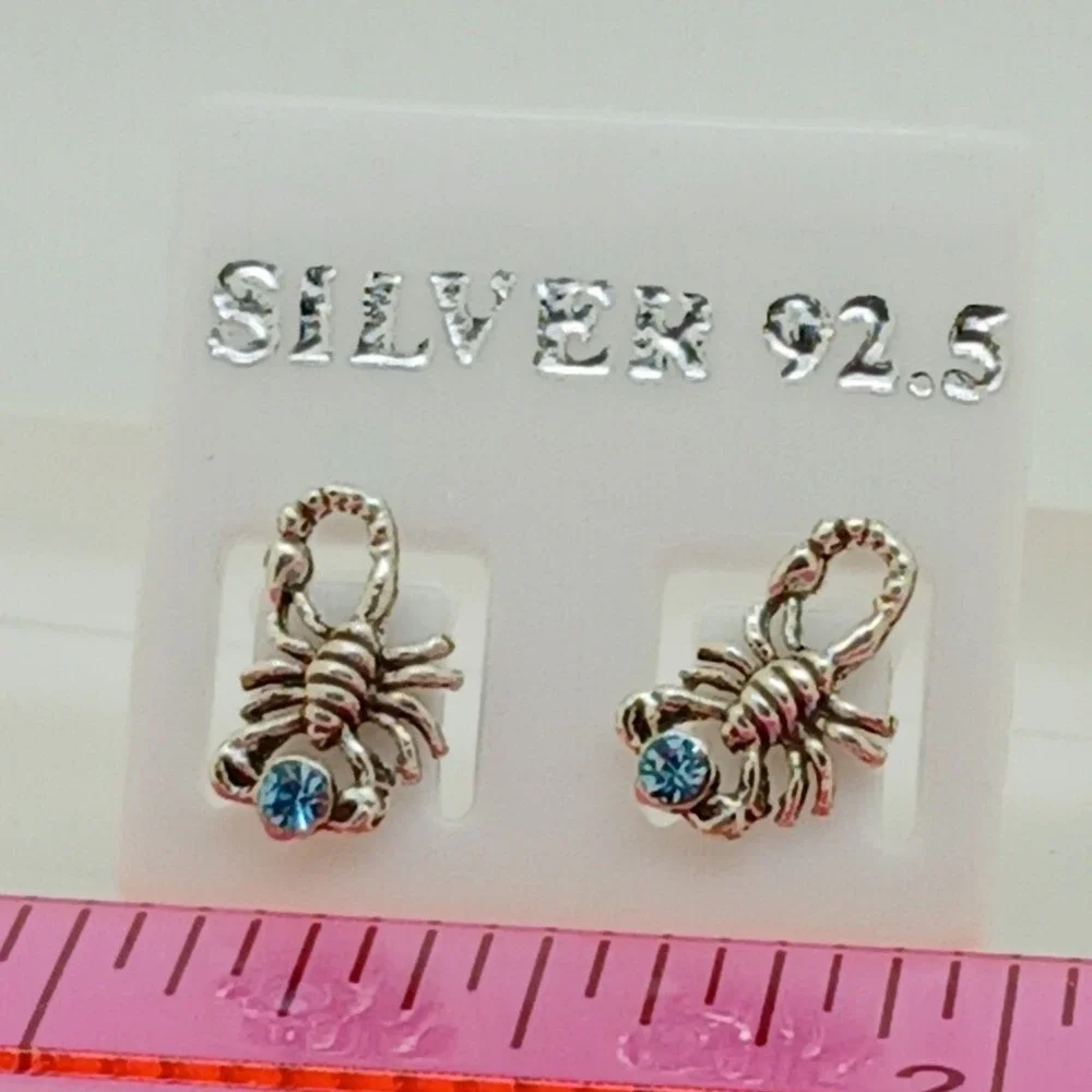 Scorpion Stud Earrings 925 Sterling Silver Blue Crystal‎ Scorpio Zodiac Jewelry